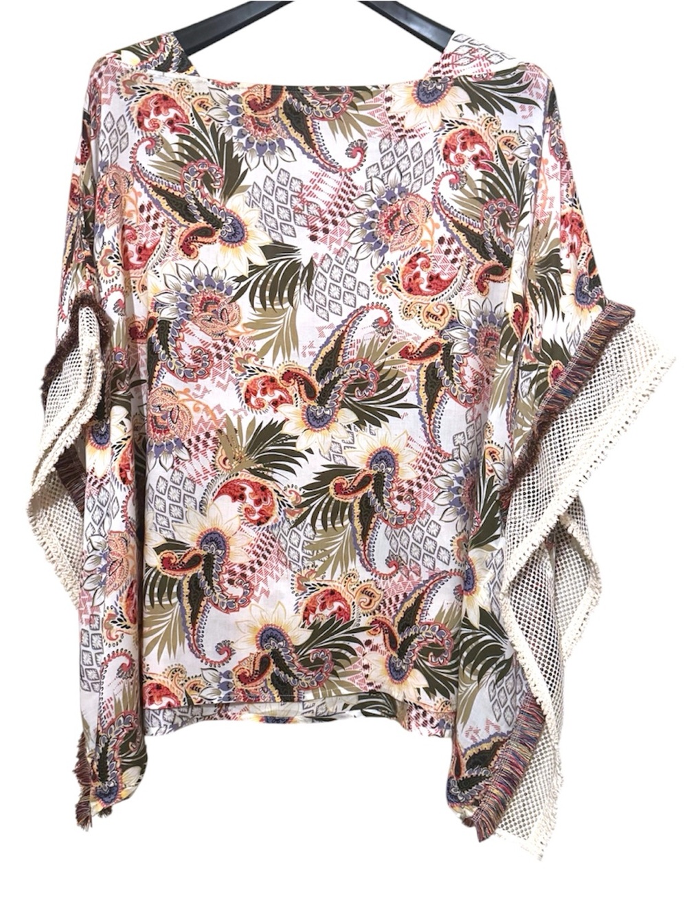 Chico’s Multicolored Palm & Paisley Poncho w/Crochet & Mesh Trim Sz S/M $99